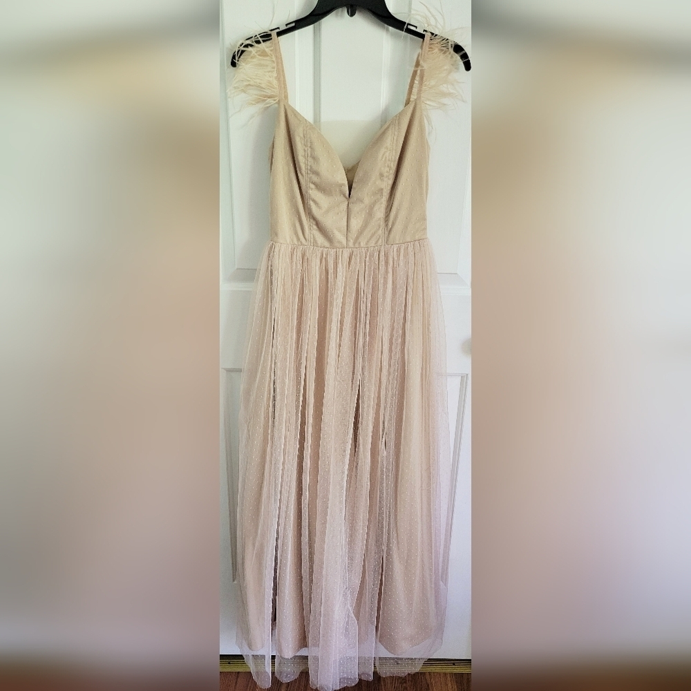 Karimadon Champagne Maple Sweatheart Tulle Feather Sleeve Gown Size 4